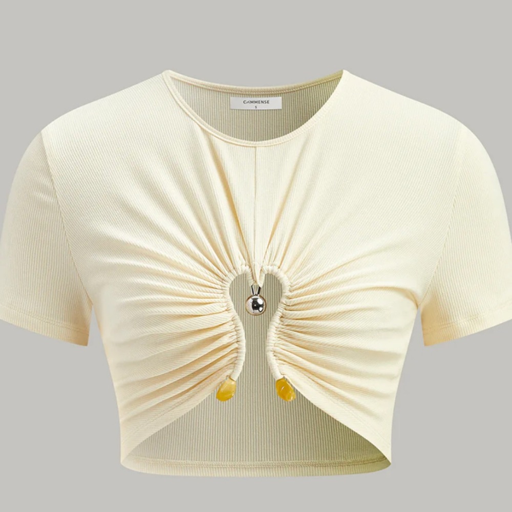 Glamorous Cream Gathered Crop Top Cut-Out Ruched Metal Detail Ribbed T-Shirt